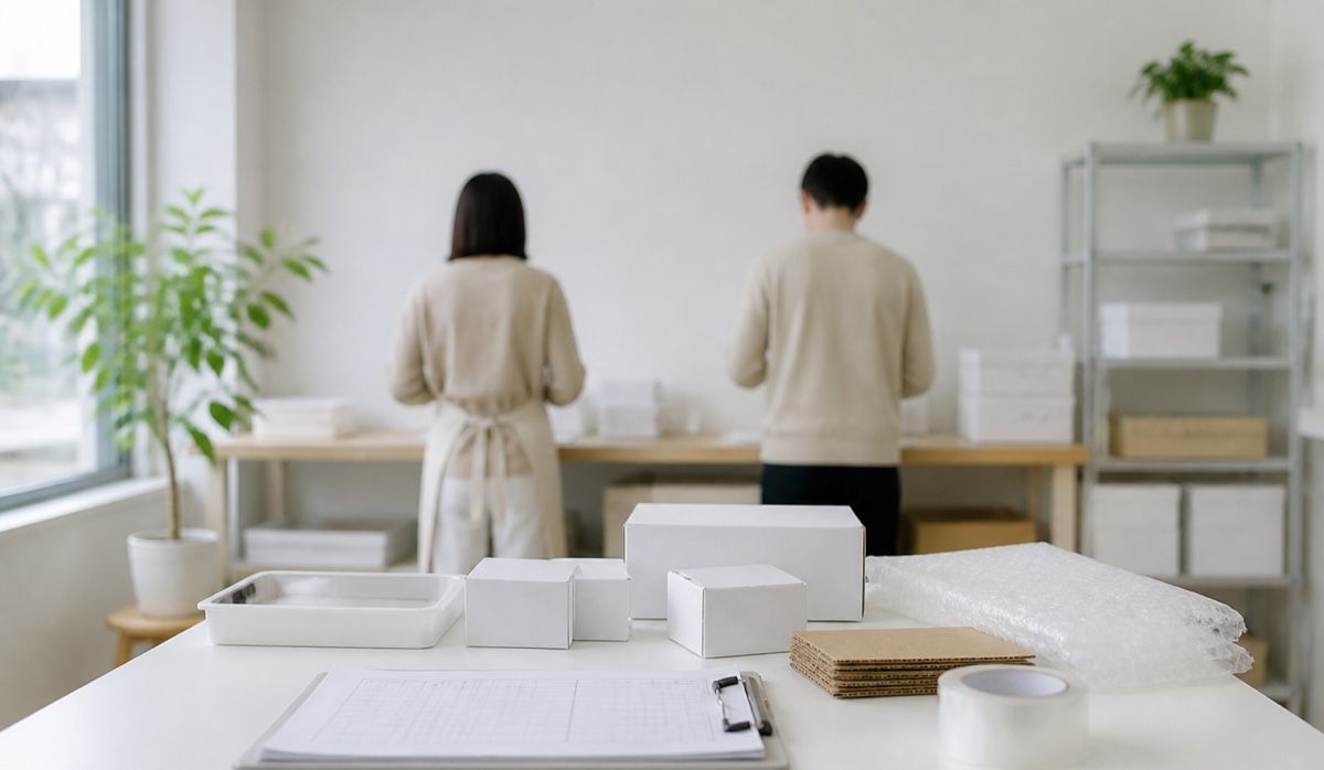 検品・梱包の作業風景を写した実写風のイメージ画像。実際の事業所の写真ではありません。