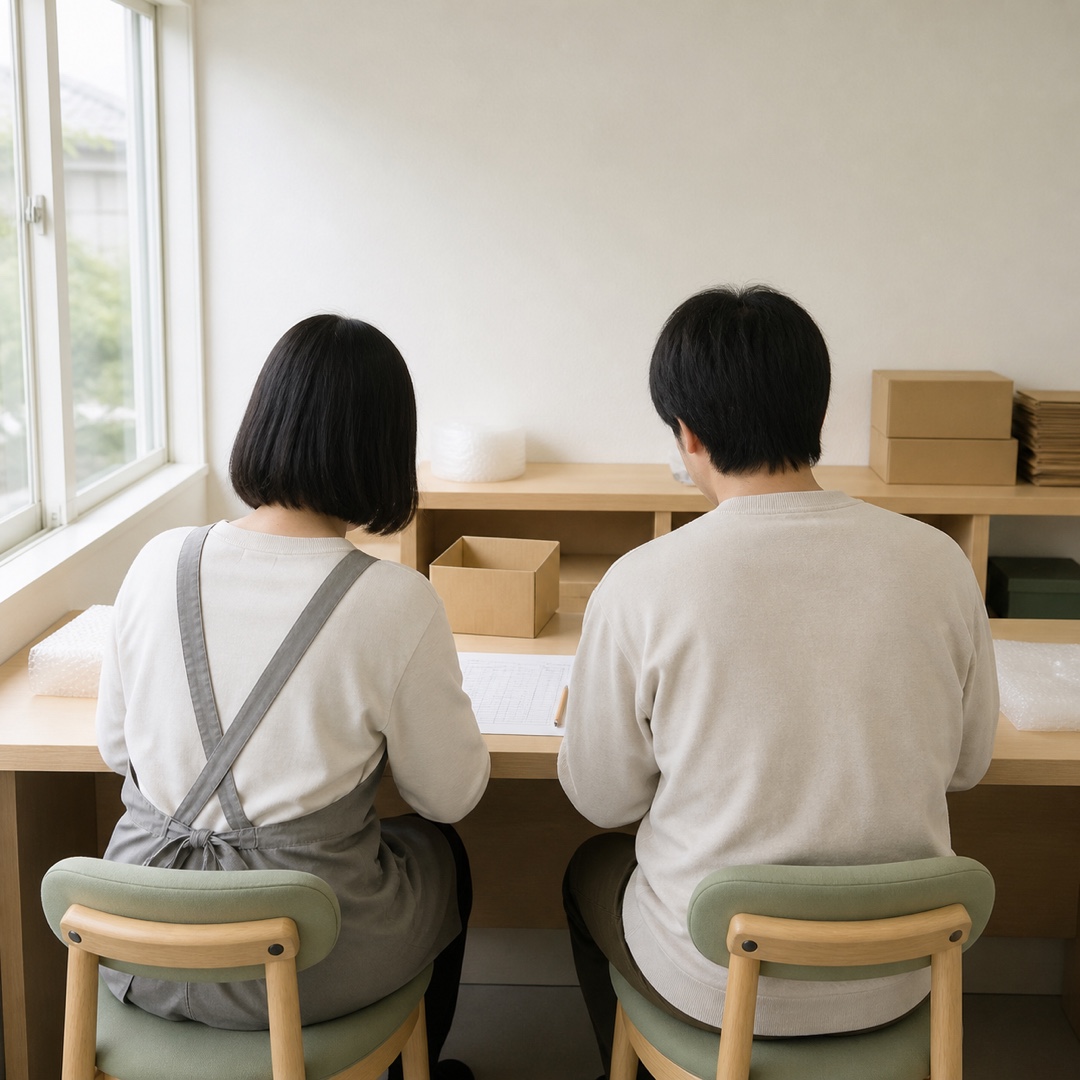 スタッフと利用者様が並んで作業する後ろ姿を表現した実写風のイメージ画像。実際の事業所の写真ではありません。